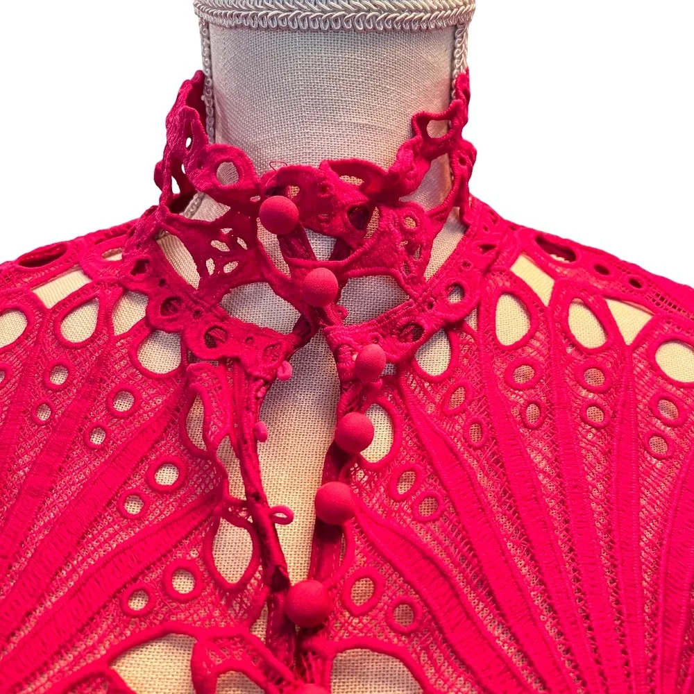 # A077 Nancy Vintage Fuchsia Lace Ruffle Blouse ,  New no tag , Size M